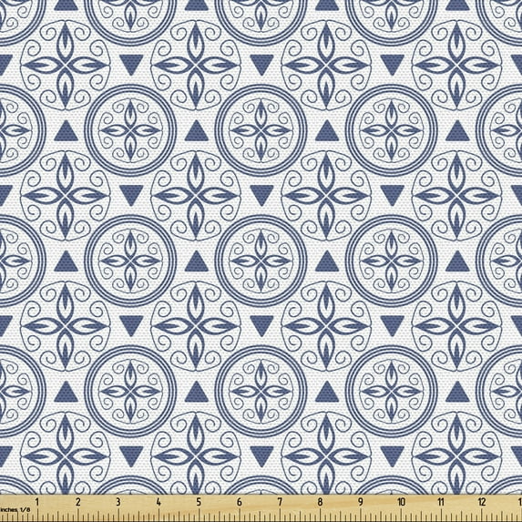 Ambesonne Oriental Fabric by the Yard Upholstery, Circles with Inner Swirls, 1 Yard, Night Blue White