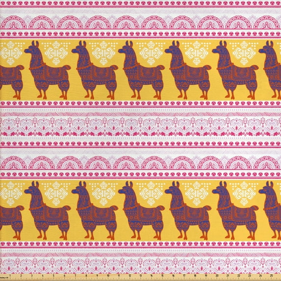 Ambesonne Oriental Fabric by the Yard Upholstery, Ornamental Alpaca or Llama, 3 Yards, Mustard Burnt Orange