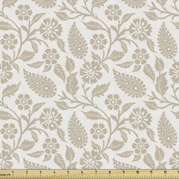 Ambesonne Oriental Fabric by the Yard Upholstery, Middle Eastern Flora, 1 Yard, Beige White