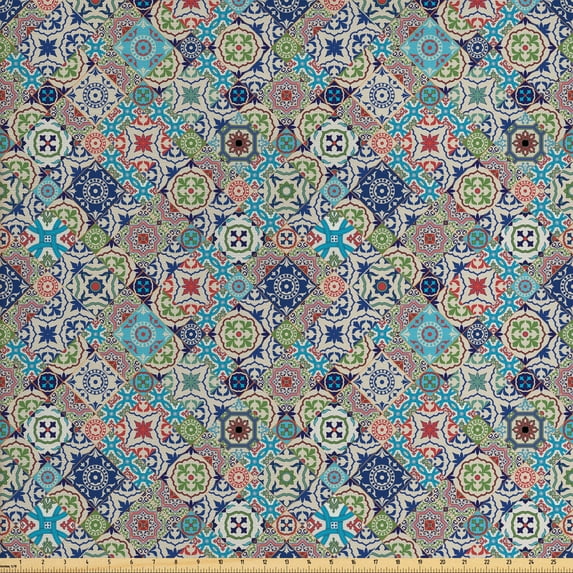 Ambesonne Oriental Fabric by the Yard Upholstery, Patchwork Mosaic Tiles, 2 Yards, Multicolor