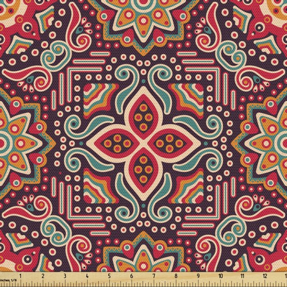 Ambesonne Oriental Fabric by the Yard Upholstery, Eastern Detailed Mandala, 1 Yard, Multicolor
