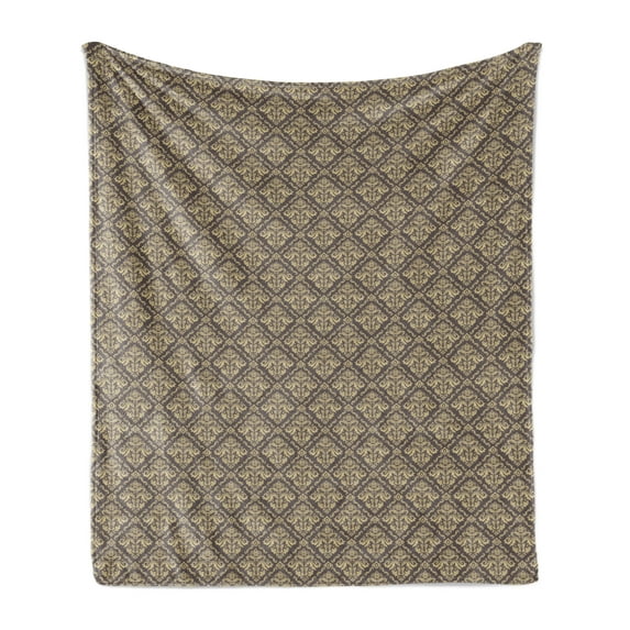 Oriental Soft Flannel Fleece Blanket, Classical Pattern with Damask Ornaments Antique Flourish Curly Leaves Pattern, Cozy Plush for Indoor and Outdoor Use, 60" x 80", Taupe and Beige, by Ambesonne