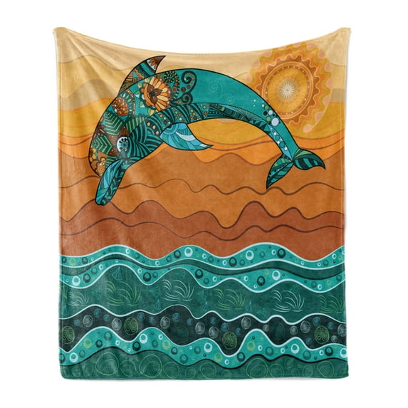 Oriental Soft Flannel Fleece Blanket, Dolphin Sea and Sun with Ornamental Motifs and Details Composition Art, Cozy Plush for Indoor and Outdoor Use, 50" x 70", Dark Teal Multicolor, by Ambesonne