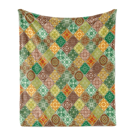 Oriental Soft Flannel Fleece Blanket, Mosaic Tiles with Vintage Traditional Eastern Ornament Motifs in Diagonal Squares, Cozy Plush for Indoor and Outdoor Use, 50" x 60", Multicolor, by Ambesonne