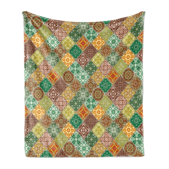 Oriental Soft Flannel Fleece Blanket, Mosaic Tiles with Vintage Traditional Eastern Ornament Motifs in Diagonal Squares, Cozy Plush for Indoor and Outdoor Use, 70" x 90", Multicolor, by Ambesonne