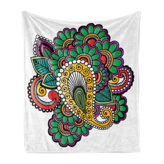 Oriental Soft Flannel Fleece Blanket, Vivid Colored Floral Arrangement in Abstract Fashion Flowers Petals Swirls Curves, Cozy Plush for Indoor and Outdoor Use, 50" x 70", Multicolor, by Ambesonne
