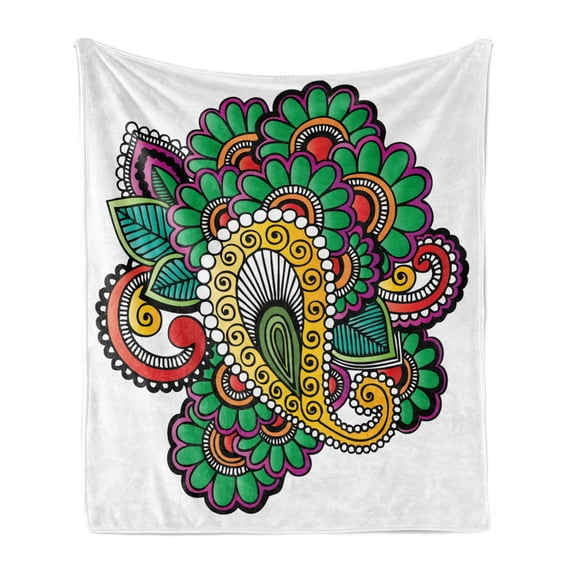 Oriental Soft Flannel Fleece Blanket, Vivid Colored Floral Arrangement in Abstract Fashion Flowers Petals Swirls Curves, Cozy Plush for Indoor and Outdoor Use, 50" x 70", Multicolor, by Ambesonne