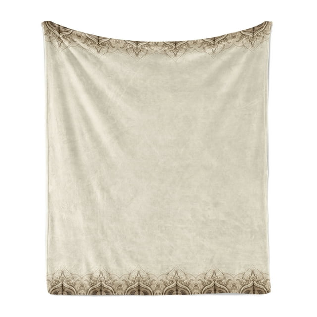 Oriental Soft Flannel Fleece Throw Blanket, Abstract Geometrical Elements Inspirations Symmetrical Shapes, Cozy Plush for Indoor and Outdoor Use, 50" x 60", Brown and Ivory, by Ambesonne