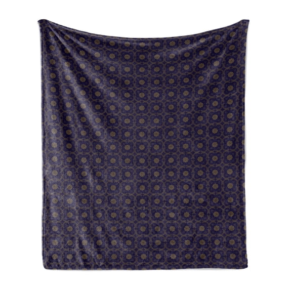 Oriental Soft Flannel Fleece Throw Blanket, Abstract Pattern of Arching Dots Floral Motifs Old Fashioned Feels, Cozy Plush for Indoor and Outdoor Use, 70" x 90", Dark Indigo Dark Khaki, by Ambesonne