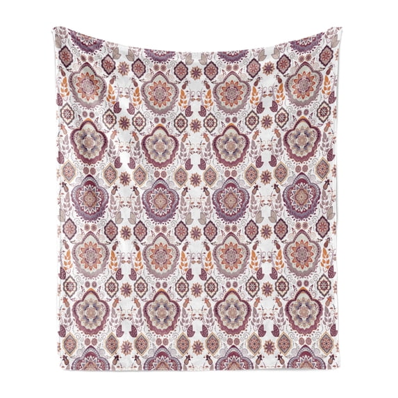 Oriental Soft Flannel Fleece Throw Blanket, Bohemian Themed Repetitive Damask of Nostalgic Floral and Leafy Ornaments Print, Cozy Plush for Indoor and Outdoor Use, 50" x 60", Multicolor, by Ambesonne