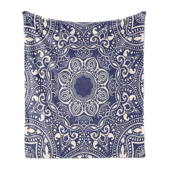 Oriental Soft Flannel Fleece Throw Blanket, Classical Floral Motifs with Curly Leaves in Vintage Art Design, Cozy Plush for Indoor and Outdoor Use, 50" x 70", Blue and Cream, by Ambesonne