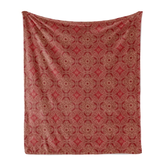 Oriental Soft Flannel Fleece Throw Blanket, Continuous Pattern with Repeating Floral Motifs, Cozy Plush for Indoor and Outdoor Use, 50" x 70", Vermilion Camel and Tan, by Ambesonne