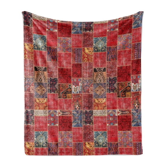 Oriental Soft Flannel Fleece Throw Blanket, Grunge Warm Toned Pattern with Ornaments, Cozy Plush for Indoor and Outdoor Use, 60" x 80", Dark Coral Multicolor, by Ambesonne