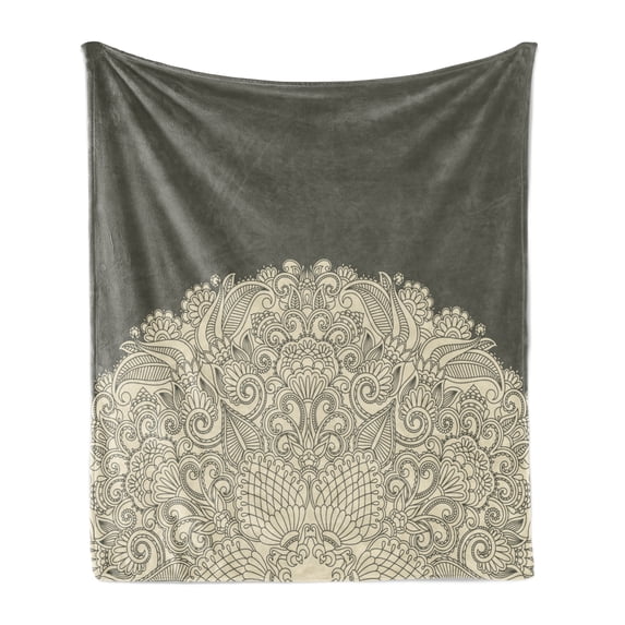 Oriental Soft Flannel Fleece Throw Blanket, Half Mandala with Rich Floral Curls Traditional Vintage Motif, Cozy Plush for Indoor and Outdoor Use, 50" x 70", Beige and Dark Taupe, by Ambesonne