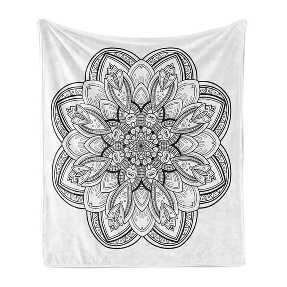 Oriental Soft Flannel Fleece Throw Blanket, Mandala Design Black and White Inspirations Doodle Lucky Piece Monochrome, Cozy Plush for Indoor and Outdoor Use, 50" x 60", White Black, by Ambesonne