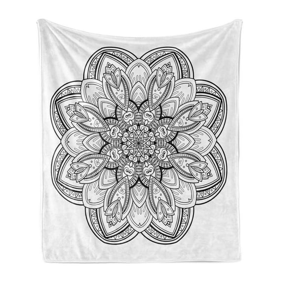 Oriental Soft Flannel Fleece Throw Blanket, Mandala Design Black and White Inspirations Doodle Lucky Piece Monochrome, Cozy Plush for Indoor and Outdoor Use, 50" x 70", White Black, by Ambesonne