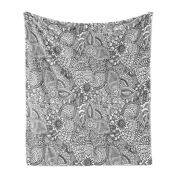Oriental Soft Flannel Fleece Throw Blanket, Monochrome Design Cultural Pattern Intricate Folk Swirls Leaves, Cozy Plush for Indoor and Outdoor Use, 50" x 70", White and Black, by Ambesonne