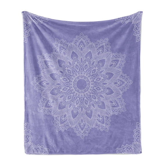 Oriental Soft Flannel Fleece Throw Blanket, Monochrome Design Floral Mandala Folkloric Ornament Lace Looking Print, Cozy Plush for Indoor and Outdoor Use, 60" x 80", Lavender Blue White, by Ambesonne