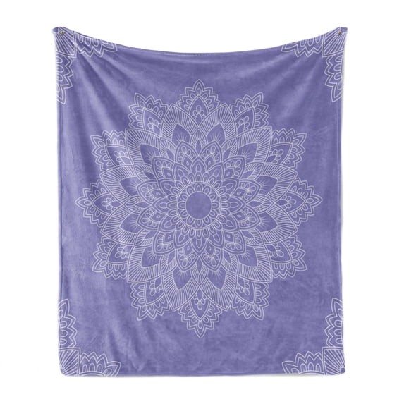 Oriental Soft Flannel Fleece Throw Blanket, Monochrome Design Floral Mandala Folkloric Ornament Lace Looking Print, Cozy Plush for Indoor and Outdoor Use, 70" x 90", Lavender Blue White, by Ambesonne