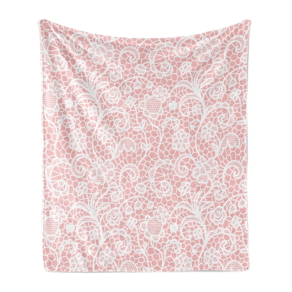 Oriental Soft Flannel Fleece Throw Blanket, Monochrome Design Repeating Pattern with Floral Hexagonal Lace Grids Motif, Cozy Plush for Indoor and Outdoor Use, 70" x 90", Blush White, by Ambesonne