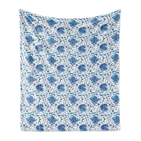 Oriental Soft Flannel Fleece Throw Blanket, Print of Middle Eastern Style Inspired Curved Flower Branches Ceramic Art Like, Cozy Plush for Indoor and Outdoor Use, 70" x 90", Blue Indigo, by Ambesonne