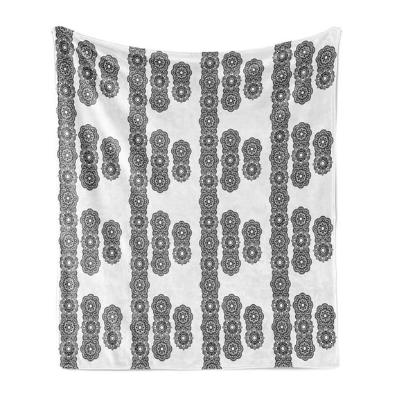 Oriental Soft Flannel Fleece Throw Blanket, Round Mandala Moroccan Ornament Mosaic Tile Print, Cozy Plush for Indoor and Outdoor Use, 50" x 70", White Black, by Ambesonne