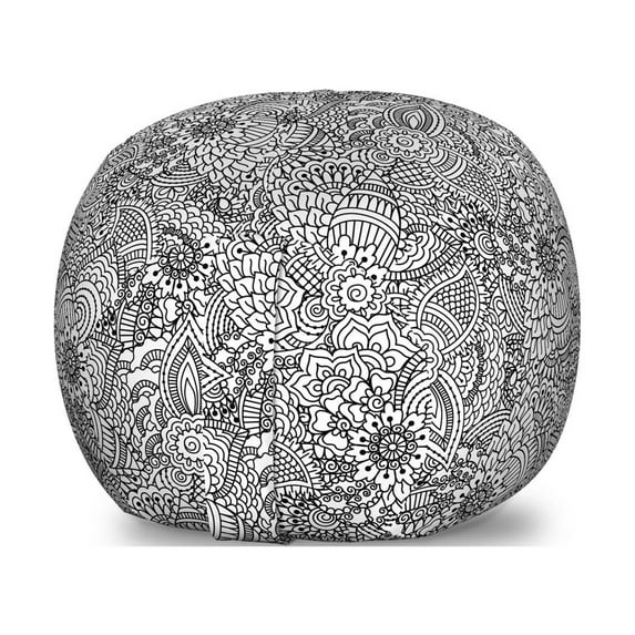 Oriental Storage Toy Bag Chair, Monochrome Design Cultural Pattern Intricate Folk Swirls Leaves, Stuffed Animal Organizer Washable Bag, Small Size, White and Black, by Ambesonne