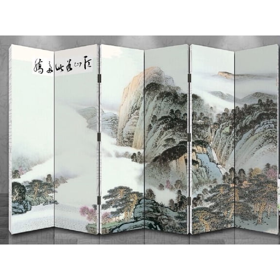 Oriental Style 6-panel Foldable Shoji Screen Room Divider, Chinese Traditional Painting, Mountain in Cloud
