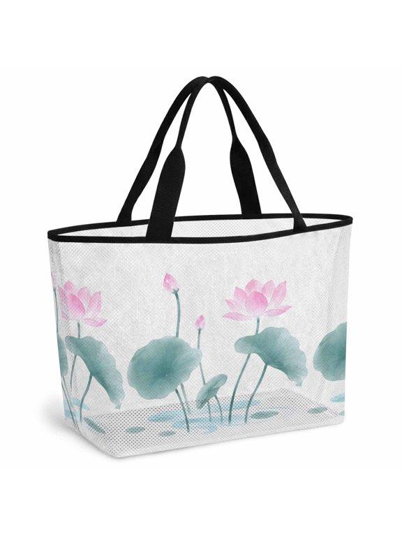 Oriental Style Beach Bag for Women, Large Breathable Mesh Beach Tote Bag, Modern Minimalist Chinese Flowers Plant Sandproof Lightweight Travel Bags for Vacation Picnic Swimming Pool 15.7"x15.7"x9.1"