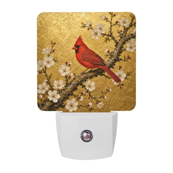 Oriental Style Cardinal Night Lights Plug Into Wall, LED Dusk to Dawn Sensor Night Light, Winter Flowers Red Birds on Branch Nightlight for Bedroom Bathroom Living Room Hallway Home Wall Decor