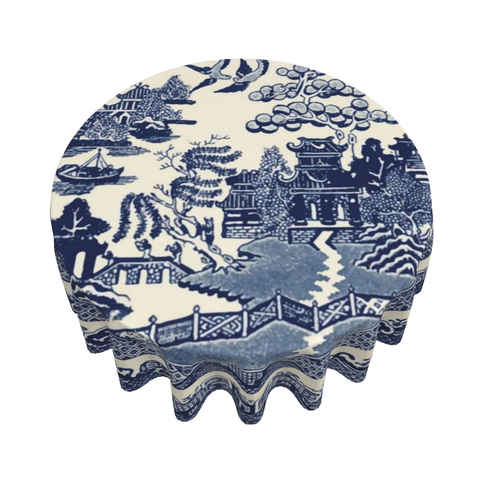 Oriental Style Chinese Blue Willow Soft Microfiber Round Tablecloth 60h ...