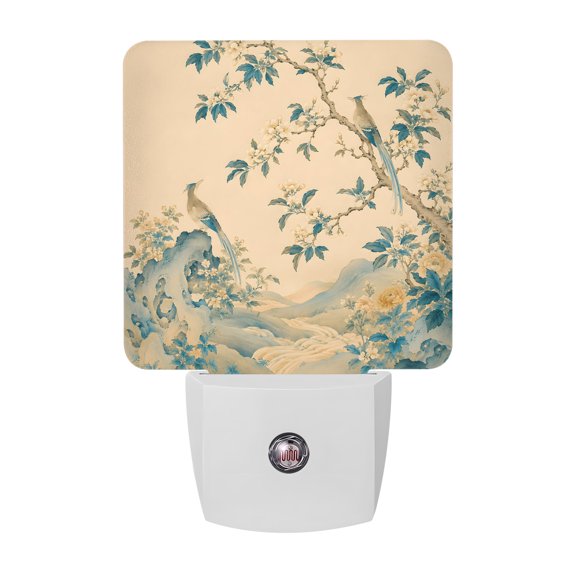 Oriental Style Night Lights Plug Into Wall, LED Dusk to Dawn Sensor Night Light, Chinese Green Birds Branch Leaf Brown Nightlight for Bedroom Bathroom Living Room Hallway Home Wall Decor