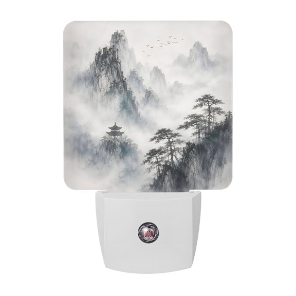Oriental Style Night Lights Plug Into Wall, LED Dusk to Dawn Sensor Night Light, Chinese Watercolor Mountains Forest Nightlight for Bedroom Bathroom Living Room Hallway Home Wall Decor