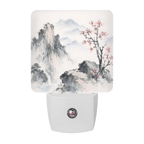 Oriental Style Night Lights Plug Into Wall, LED Dusk to Dawn Sensor Night Light, Nature Chinese Painting Mountains Trees Nightlight for Bedroom Bathroom Living Room Hallway Home Wall Decor