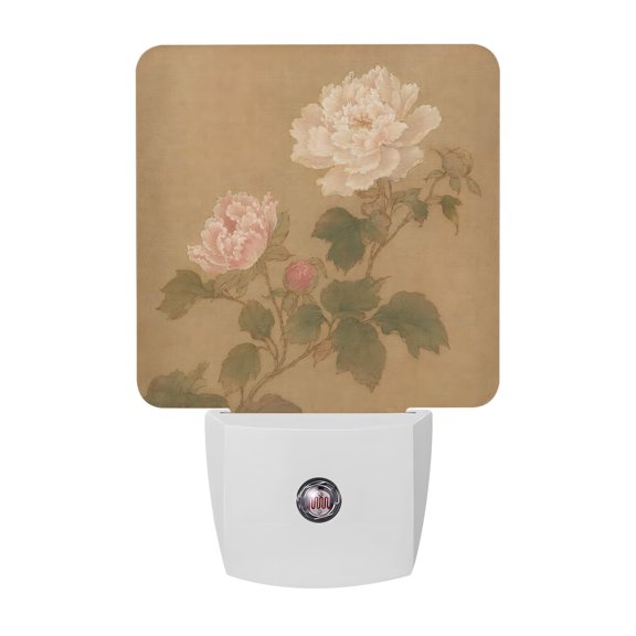 Oriental Style Night Lights Plug Into Wall, LED Dusk to Dawn Sensor Night Light, Vintage Country Chinese Flowers Leaf Brown Nightlight for Bedroom Bathroom Living Room Hallway Home Wall Decor