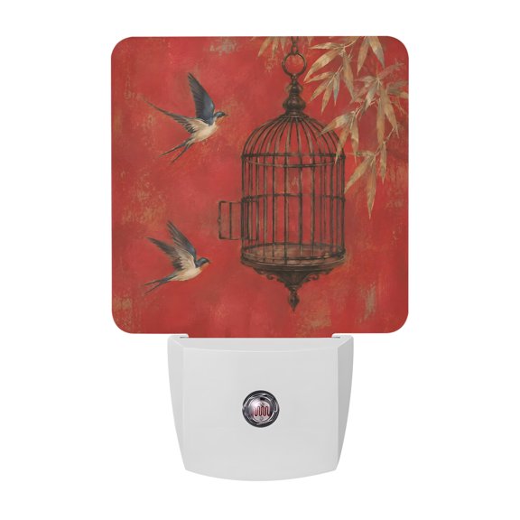 Oriental Style Night Lights Plug Into Wall, LED Dusk to Dawn Sensor Night Light, Watercolor Chinese Leaf Birdcages Birds Red Nightlight for Bedroom Bathroom Living Room Hallway Home Wall Decor
