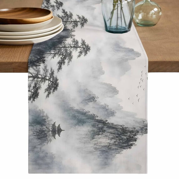 Oriental Style Table Runner, Chinese Watercolor Mountains Forest ...