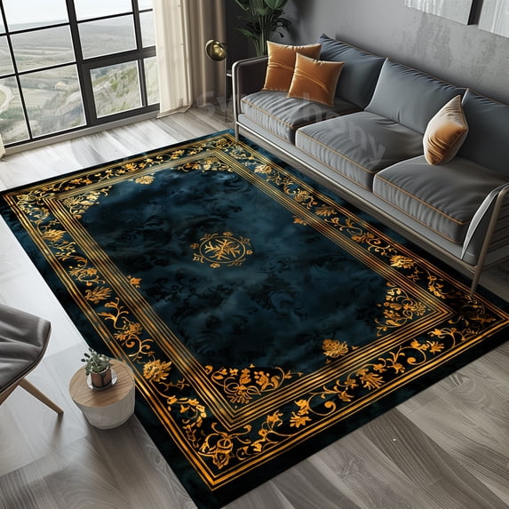 Oriental Symmetrical Runic Gold Border On Black Rug 4x6 ft = 120x180 cm