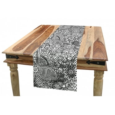 Oriental Table Runner, Monochrome Design Cultural Pattern Intricate Folk Swirls Leaves, Dining Room Kitchen Rectangular Runner, 3 Sizes, by Ambesonne