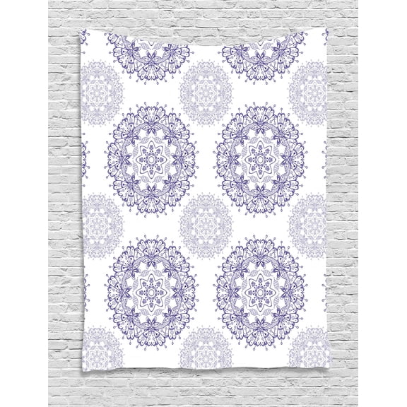 Oriental Tapestry, Mandala Inspired Motif with Flower and Heart Ornaments Monochrome Design, Wall Hanging for Bedroom Living Room Dorm Decor, 60W X 80L Inches, Dark Lavender White, by Ambesonne