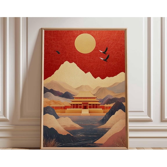 Oriental Temple Red Gold Landscape Wall Art Print, Unframed Paper Poster 16x20in