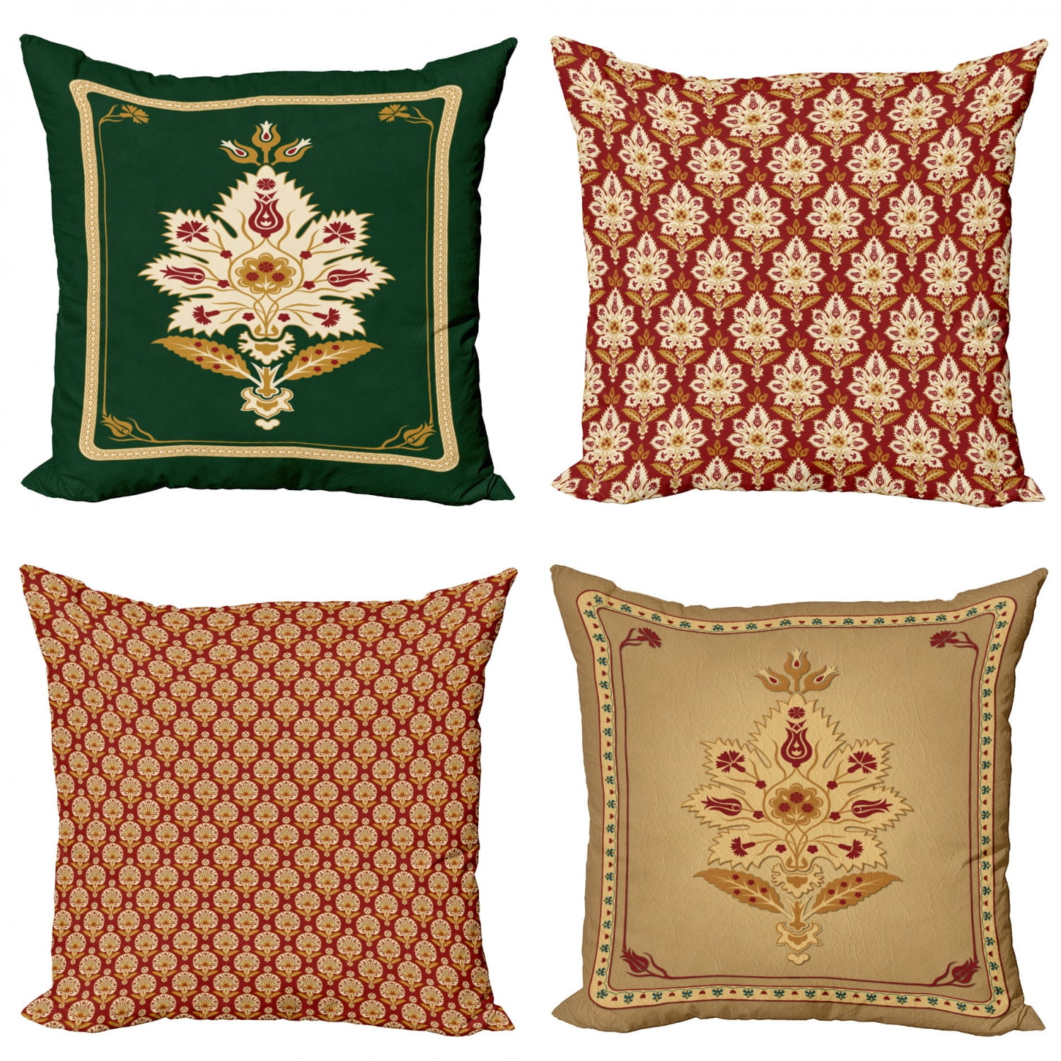 Burgundy and Emerald Damask Square Throw Pillow Covers Set
