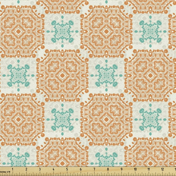 Oriental Upholstery Fabric by the Yard, Fantasy Squares and Motifs Repetition, Decorative Fabric for DIY and Home Accents, Orange Dark Seafoam by Ambesonne