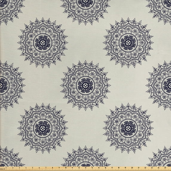 Oriental Upholstery Fabric by the Yard, Medallion Motif with Floral and Leafy Ornaments, Decorative Fabric for DIY and Home Accents, Grey Yellow Violet Blue by Ambesonne