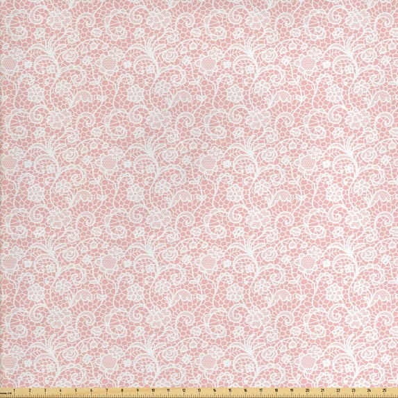 Ambesonne Oriental Fabric by the Yard Upholstery, Floral Hexagon Lace Grids, 3 Yards, Blush White
