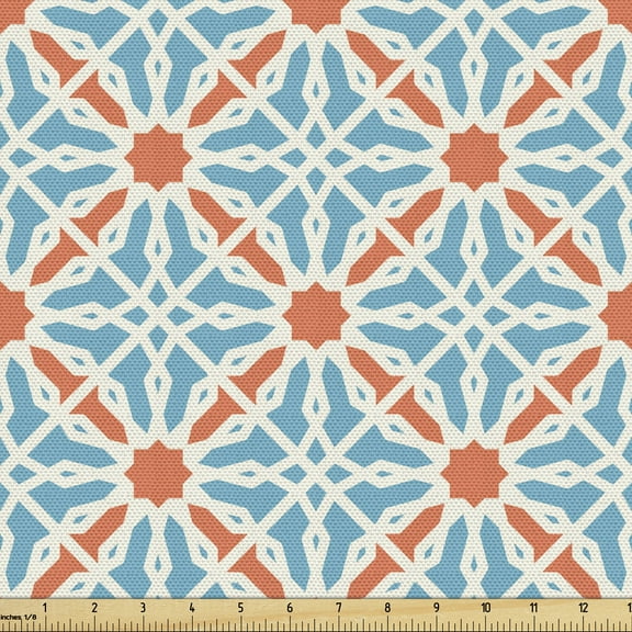 Ambesonne Oriental Fabric by the Yard Upholstery, Lattice Moroccan Style, 10 Yards, Rust Blue and Eggshell