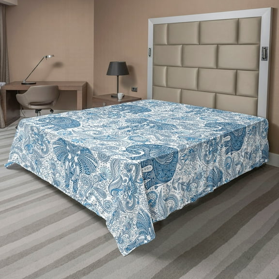 Ambesonne Oriental Vibes Flat Bedding Sheet Soft Top Sheet, Floral Boho Elephant, Queen, Dark Lavender White