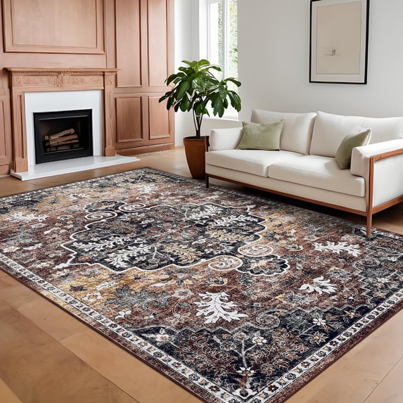 Oriental Washable Rugs 8x10 Non-Slip Soft Bedroom Rug, Low Pile Stain Resistant Floor Carpet for Living Room, Vintage Distressed Accent Rug, Medallion Floral Printed Rug, Brown+Red