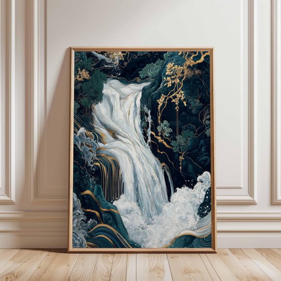 Oriental Waterfall Japanese Inspired Gold Teal Landscape Nature Art Unframed Paper Print