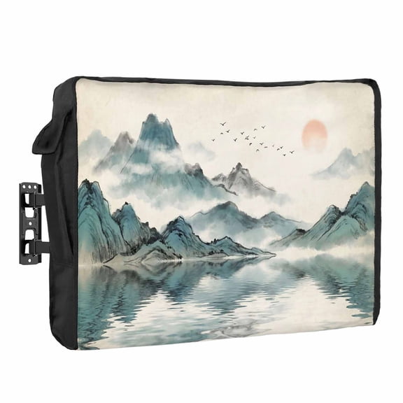 Oriental Waterproof Outdoor TV Cover, Traditional Ethnic Art Chinese Landscape Ink Painting Outside Weatherproof TV Enclosures for 80 to 85 Inch LCD Television Shield Flat Screen Protectors